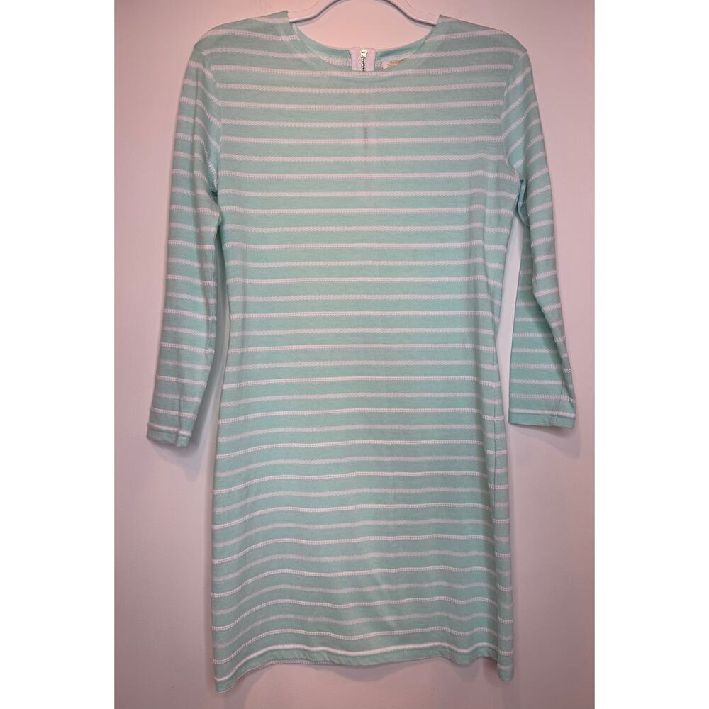 STS SAIL TO SABLE Seafoam/Mint Stripe Long 3/4 quarter Sleeve zip shift dress XS